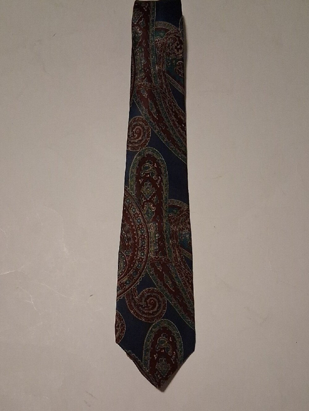 417 Van Heusen Navy, Brown and Green 100% Silk Paisley Tie.